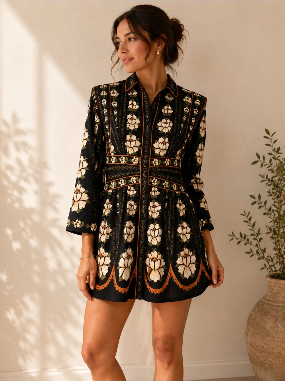 Farm Rio Black Embroidered Flowers Topstitching Long Sleeve size M - Picture 1 of 10